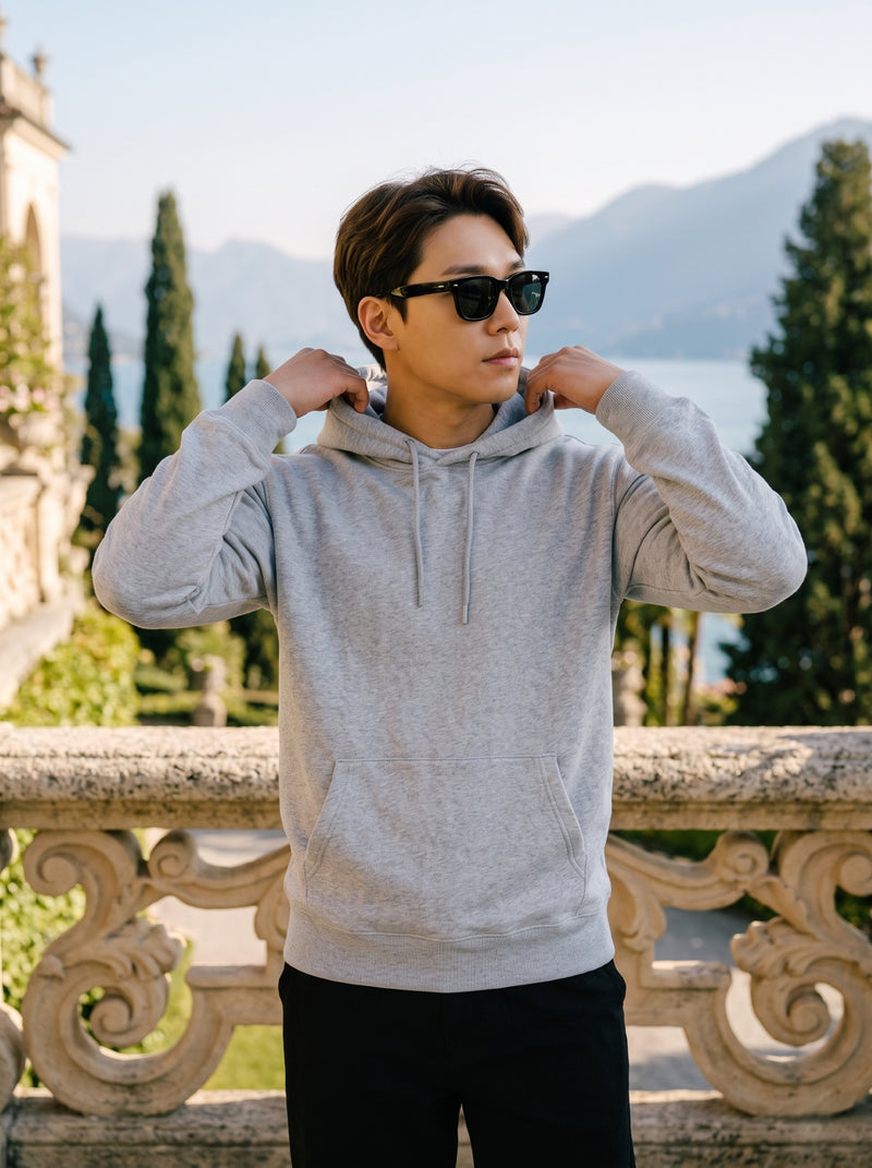 Men's Light Grey Marl 100% Cotton Pullover Hoodie 7