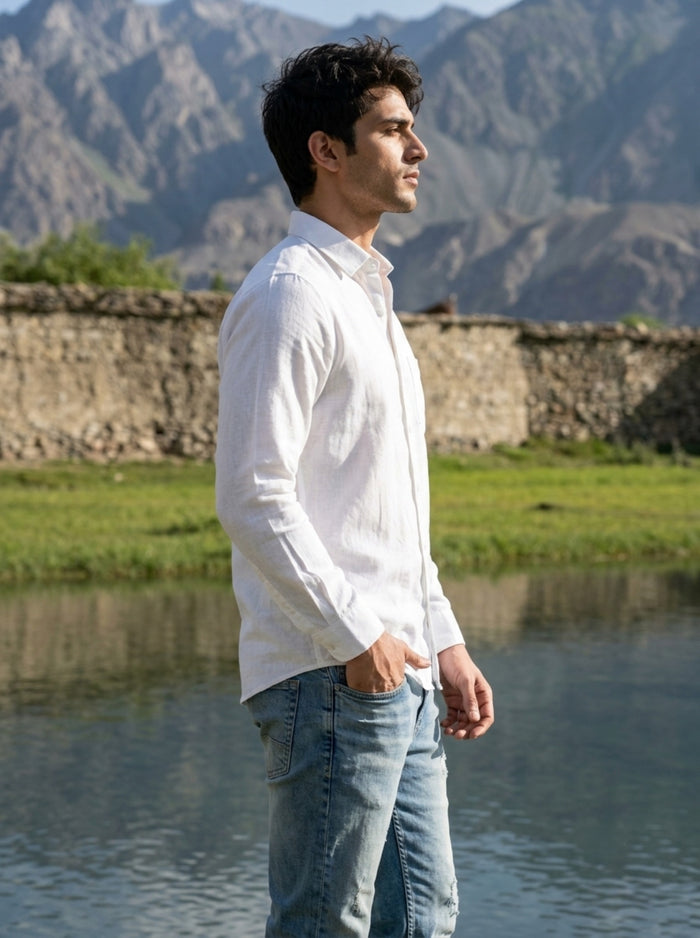 TryBuy Men's Solid White Linen 衬衫 – Full Sleeve Button-Down 2