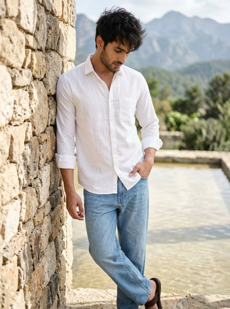TryBuy Men's Solid White Linen Shirt – Full Sleeve Button-Down 7