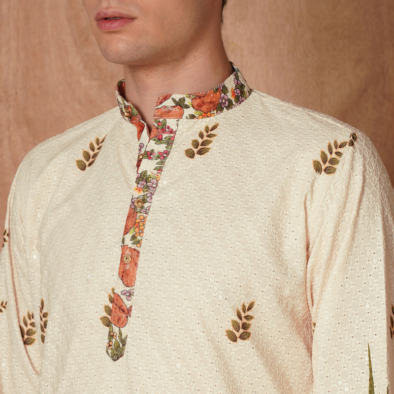 Men’s Cream Chikankari Harvest Print Kurta 6