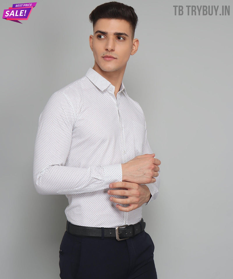 White Polka Dot Printed Cotton Shirt for Men 7
