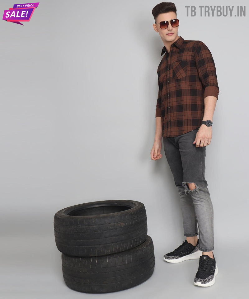 Brown Checked Cotton Shirt for Men 8
