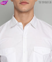 Fancy Fabulous TryBuy Premium White Solid Cotton Linen Casual Double Pocket Shirt