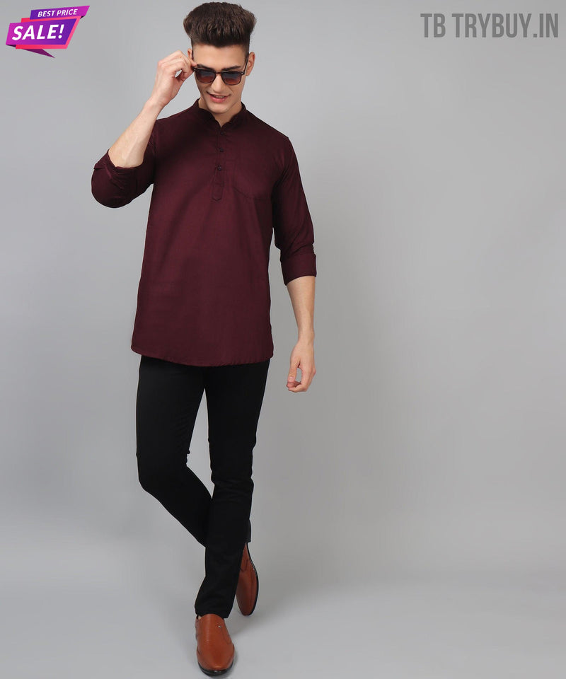 Men’s Wine Red Regular Fit Cotton Kurta 3
