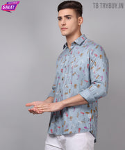 a man in a blue shirt and white pants