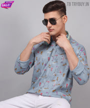 a man in a blue shirt and white pants