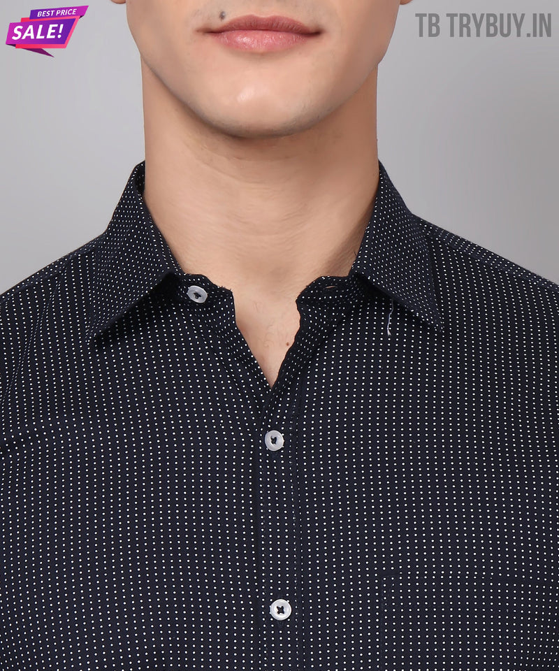 Navy Blue Dot Printed Cotton Shirt for Men 3