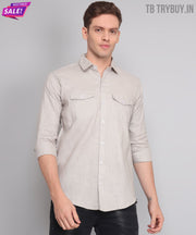 TryBuy Premium Grey Solid Cotton Linen Casual Double Pocket Shirt for Men