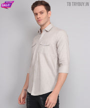 TryBuy Premium Grey Solid Cotton Linen Casual Double Pocket Shirt for Men