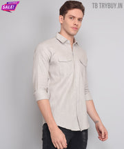 TryBuy Premium Grey Solid Cotton Linen Casual Double Pocket Shirt for Men