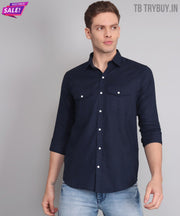 Elite Men's Designer TryBuy Premium Navy Blue Solid Cotton Linen Casual Double Pocket Shirt