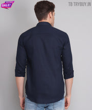 Elite Men's Designer TryBuy Premium Navy Blue Solid Cotton Linen Casual Double Pocket Shirt