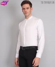 TryBuy Premium Luxurious Full Sleeves Mandarin Collar White Cotton Casual Shirt for Men