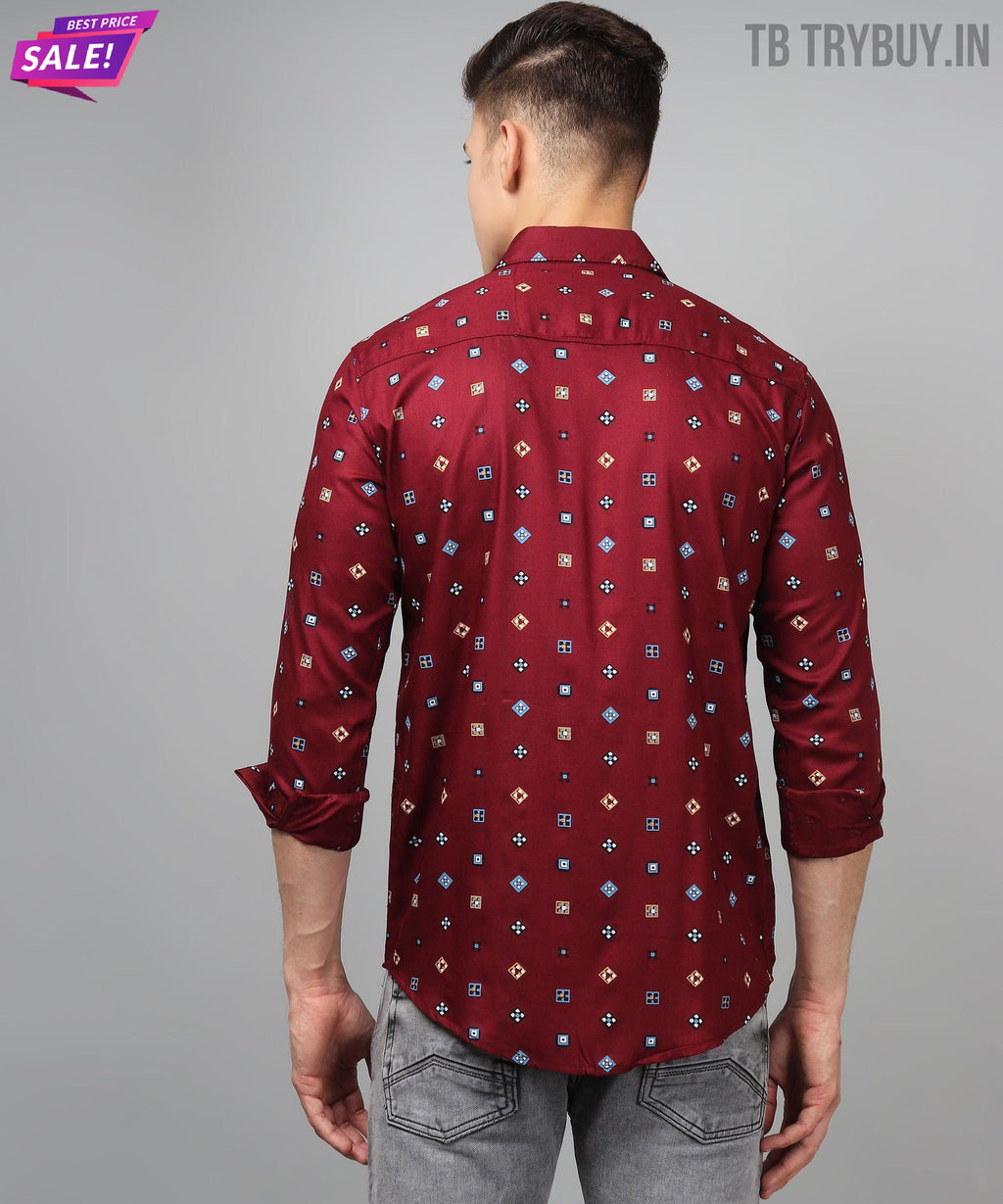 a man wearing a red shirt with blue and yellow squares on it