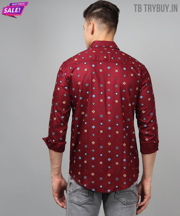 a man wearing a red shirt with blue and yellow squares on it