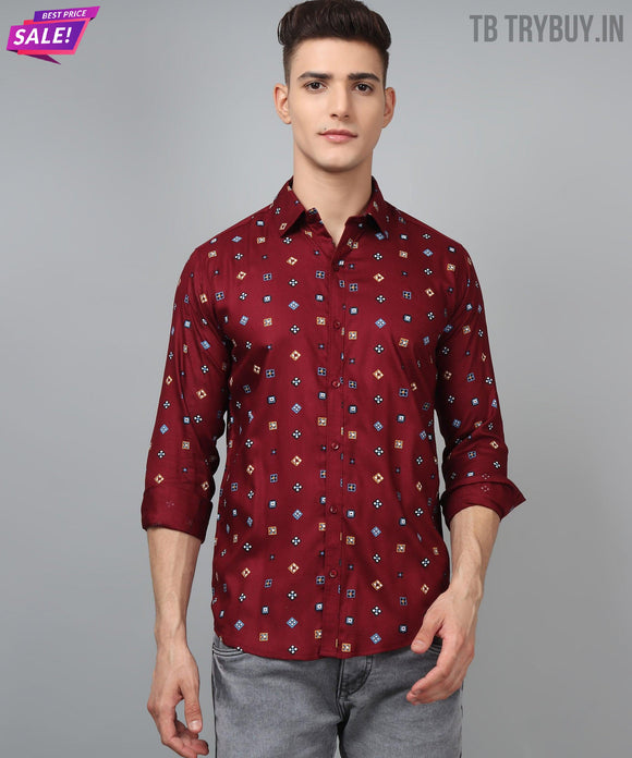 a man wearing a red shirt and jeans