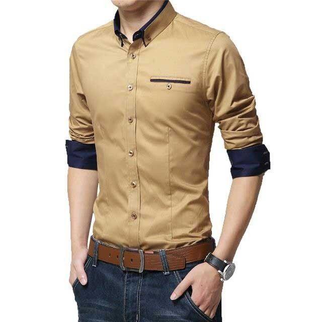 पुरुषों के लिए विशेष डिजाइनर खाकी कॉटन कैजुअल सॉलिड शर्ट — TryBuy®