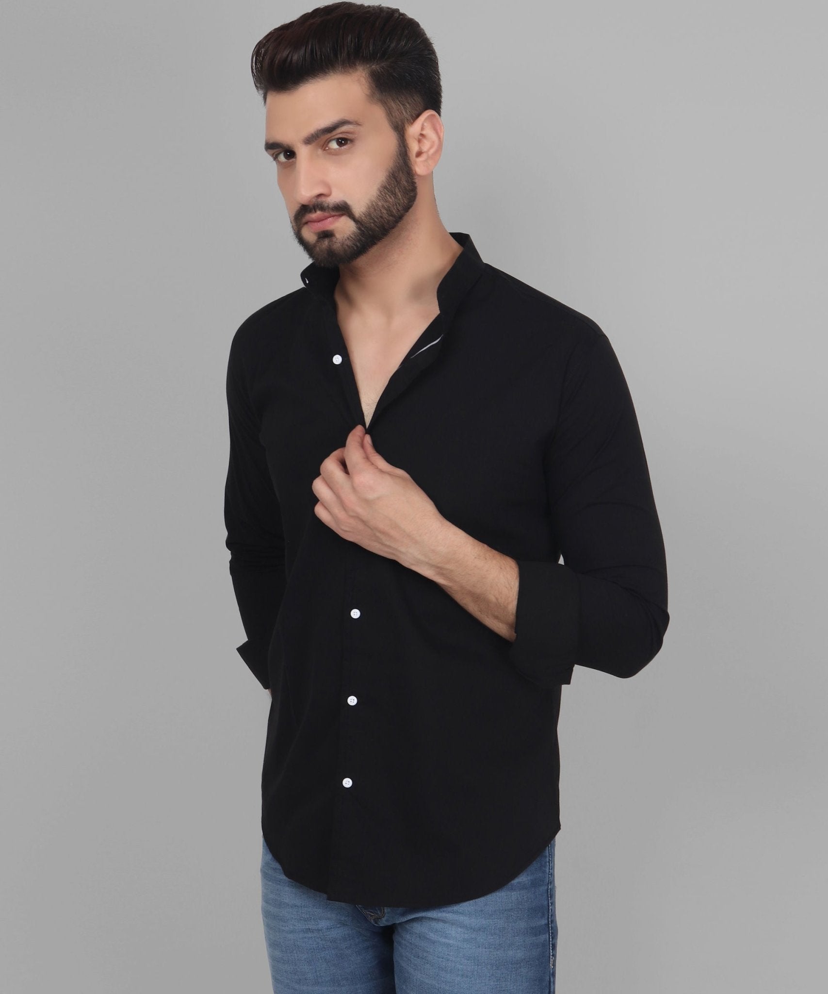 TryBuy Exclusive Men's Black Solid Band Casual Cotton Shirt - TryBuy® USA🇺🇸