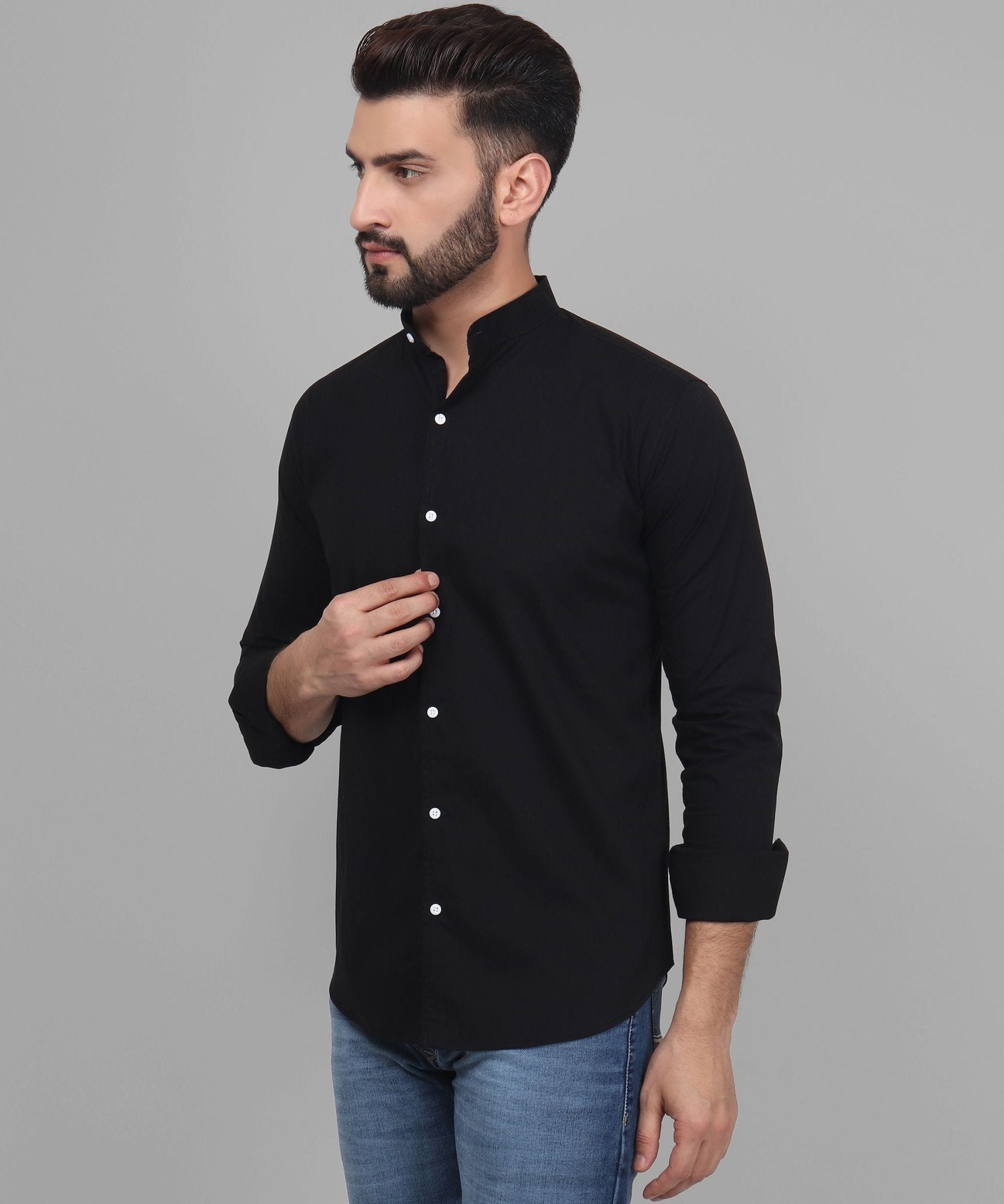 TryBuy Exclusive Men's Black Solid Band Casual Cotton Shirt - TryBuy® USA🇺🇸