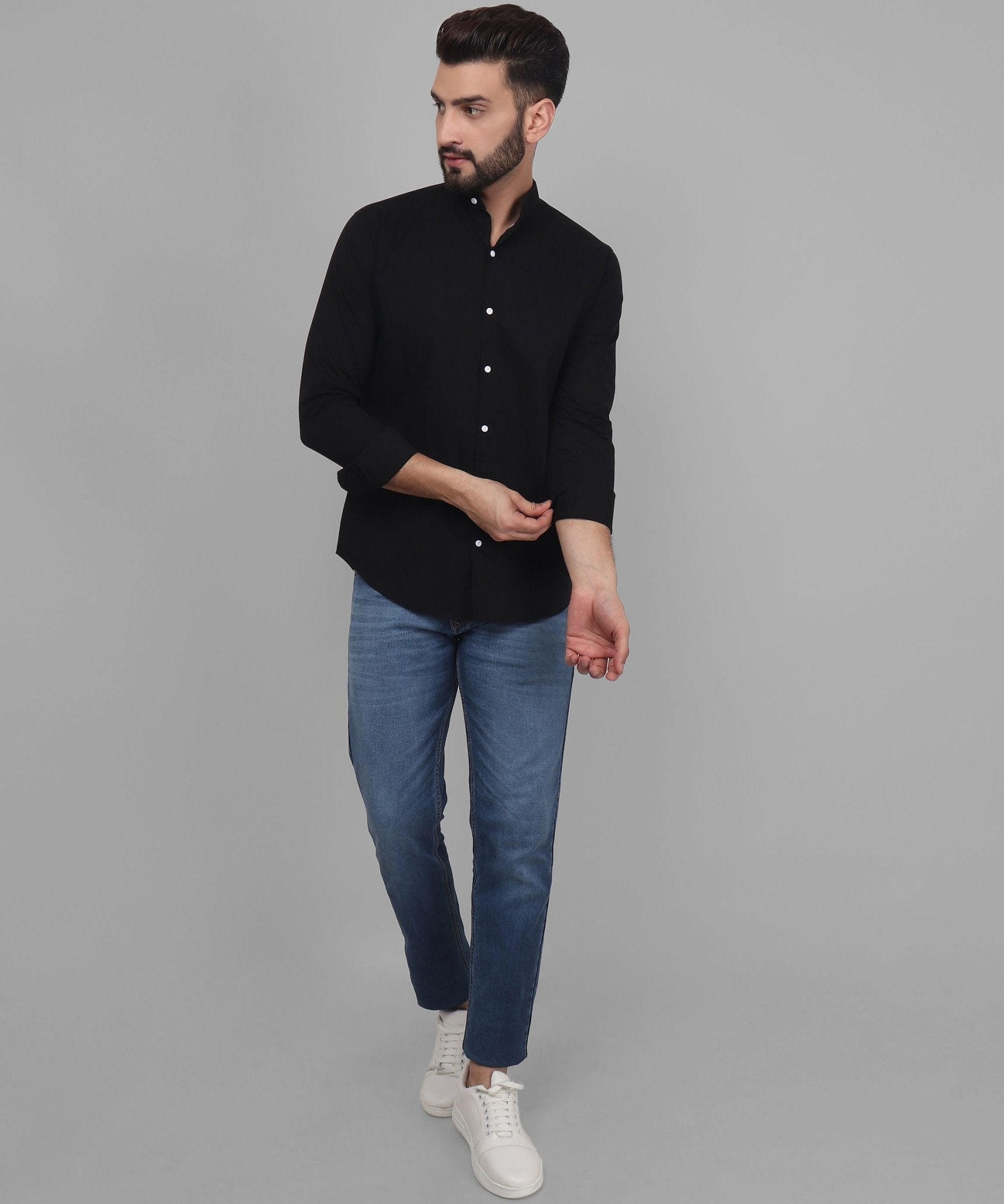 TryBuy Exclusive Men's Black Solid Band Casual Cotton Shirt - TryBuy® USA🇺🇸