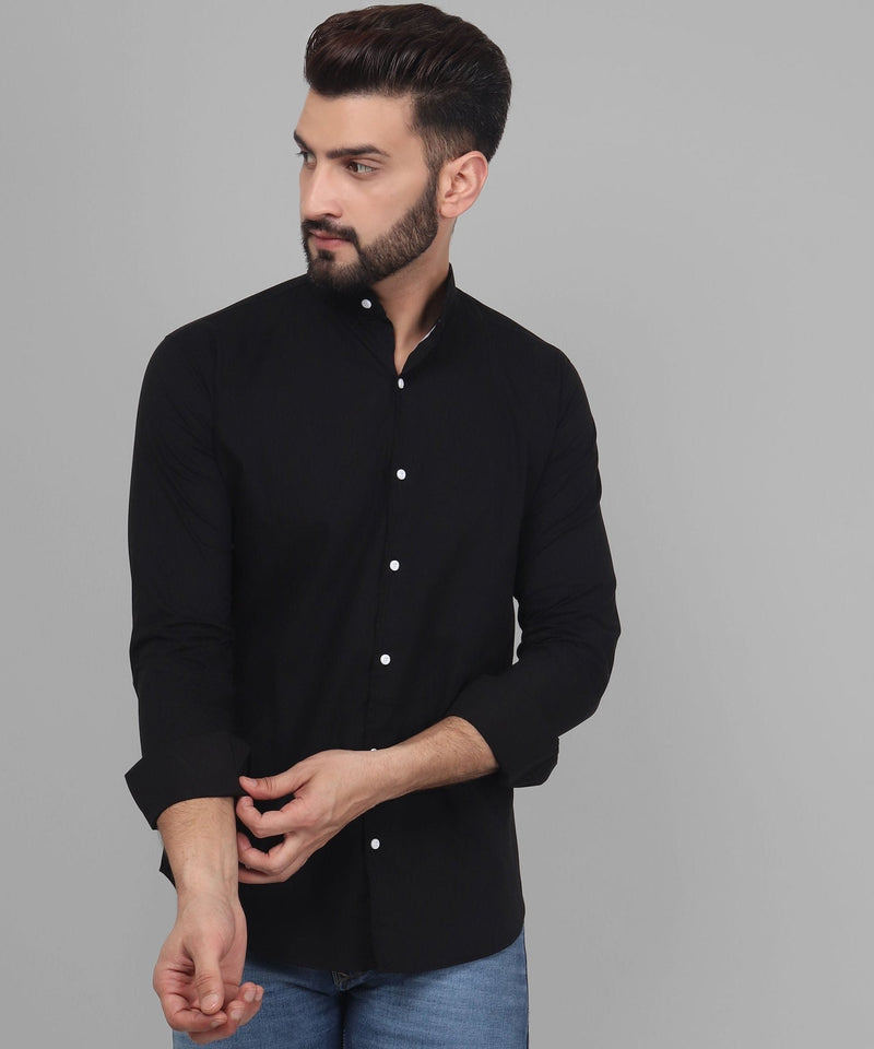 TryBuy Exclusive Men's Black Solid Band Casual Cotton Shirt 2