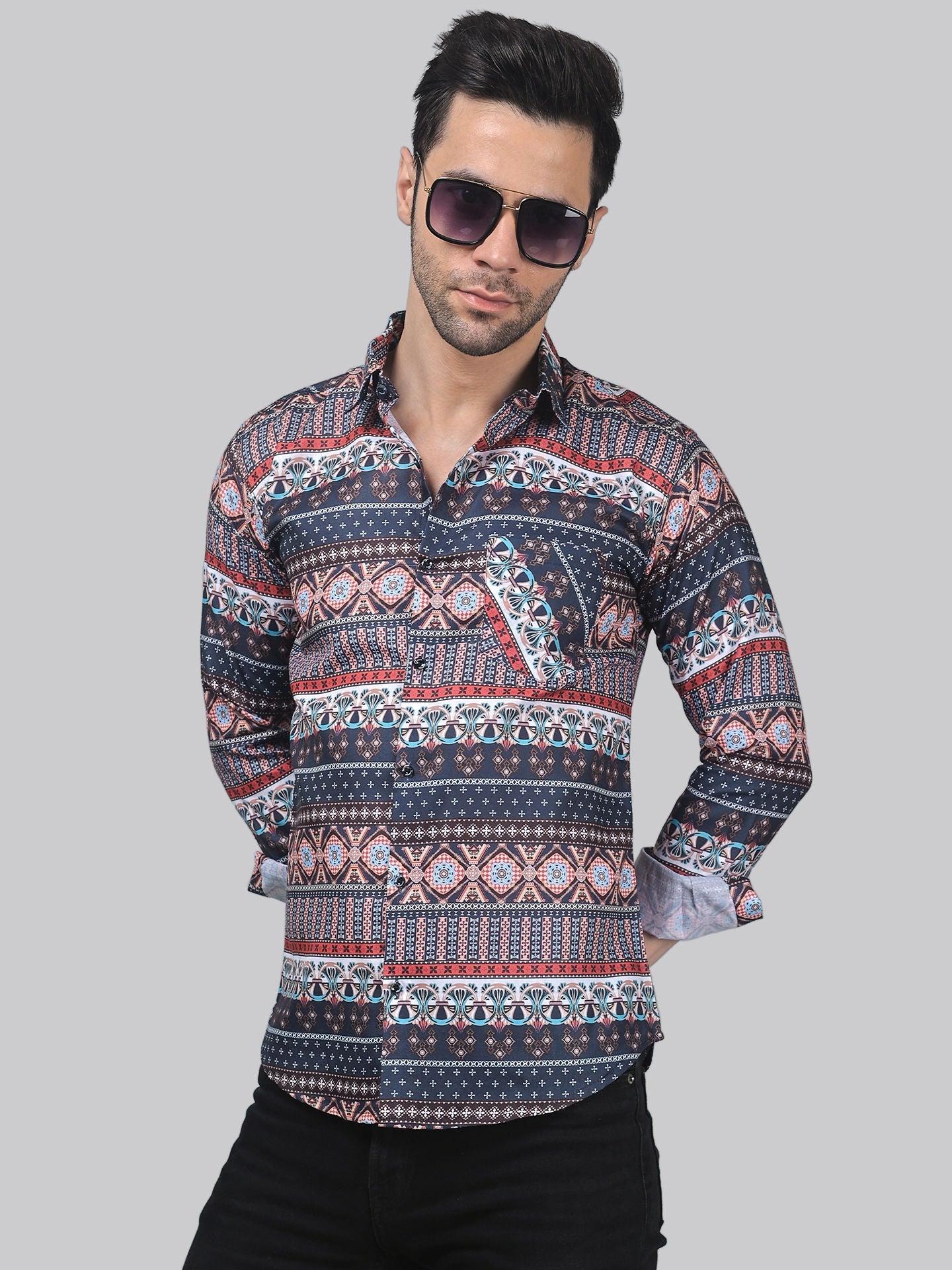 TryBuy Men's Trendy Party-wear Linen Casual Printed Full Sleeves Shirt - TryBuy® USA🇺🇸