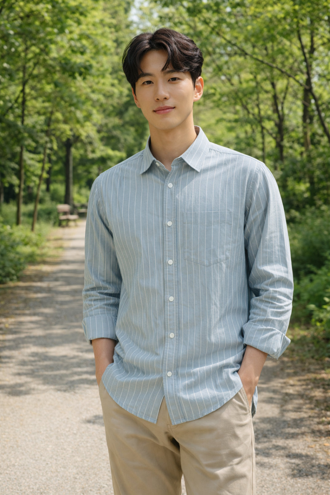 Man wearing a light grey striped slim-fit shirt
