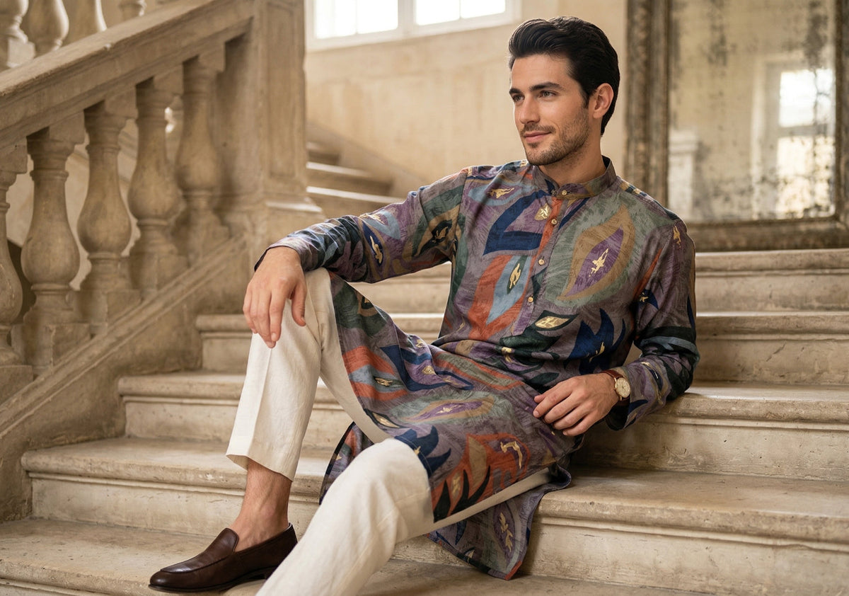 Grey abstract multicolour leaf printed men’s kurta for an office ethnic day guide