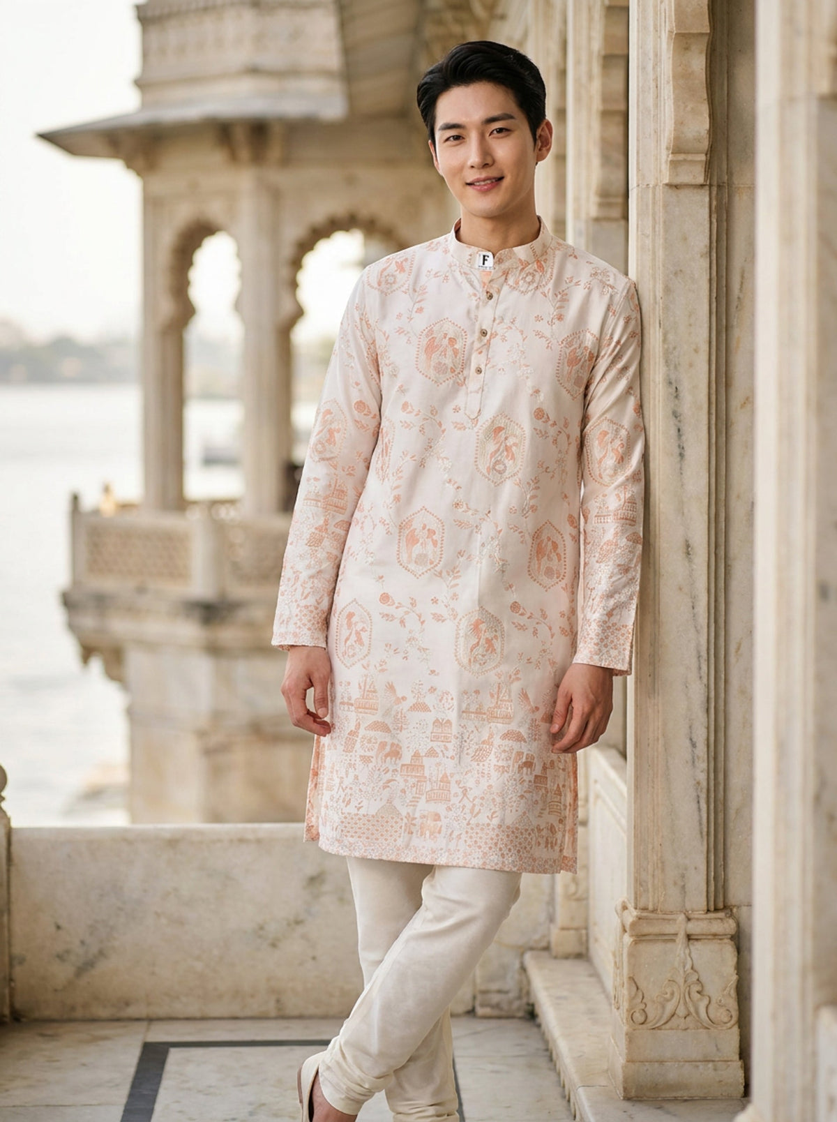 Ivory embroidered men’s art silk blend kurta showing mandarin collar