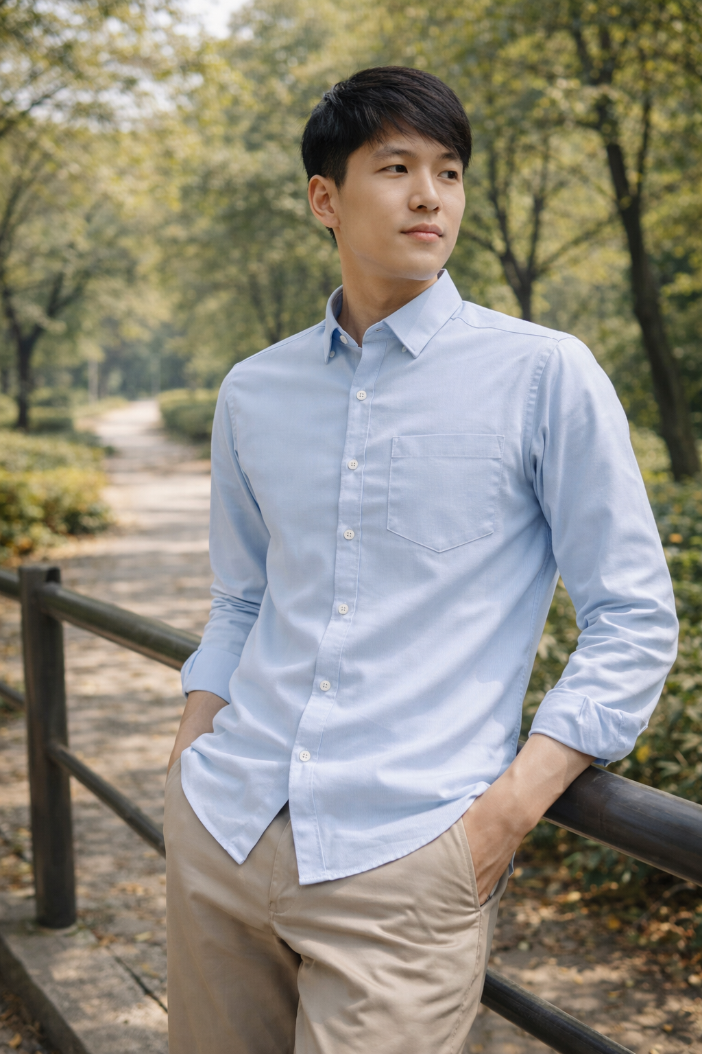 On-model ecommerce image of a men’s sky blue shirt used to explain an AI fashion photography workflow