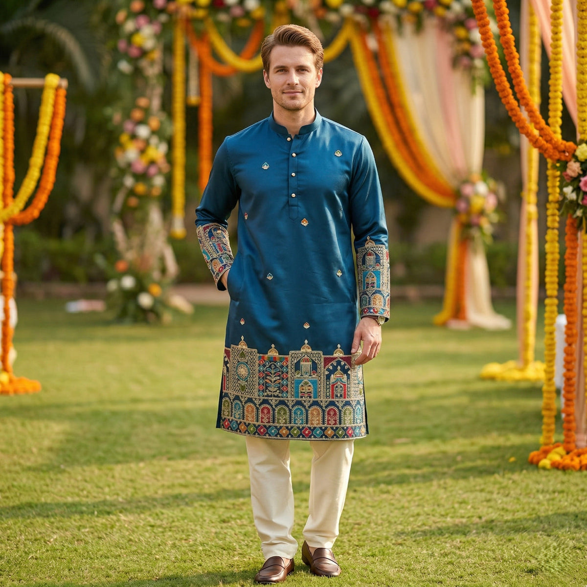 Blue kurta for men styled for puja festive and wedding outfits