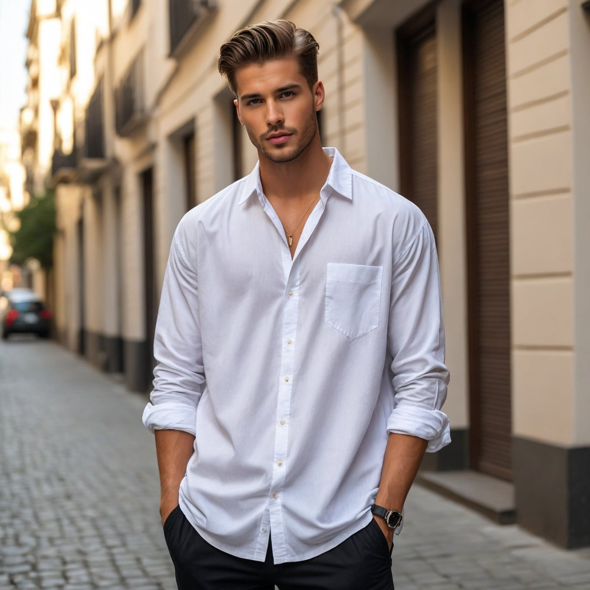 Man wearing an oversized shirt outfit