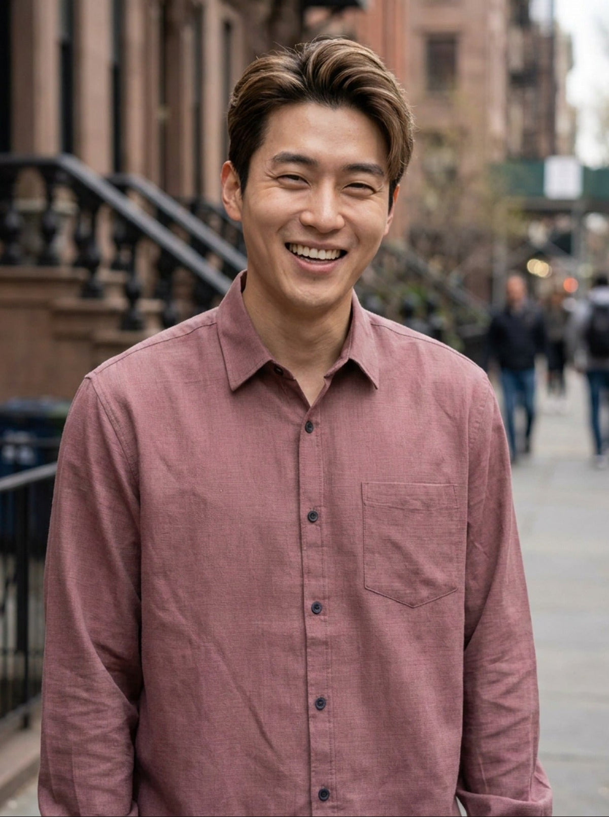 Dusty rose men’s shirt front view used to explain consistent fashion product grid cropping