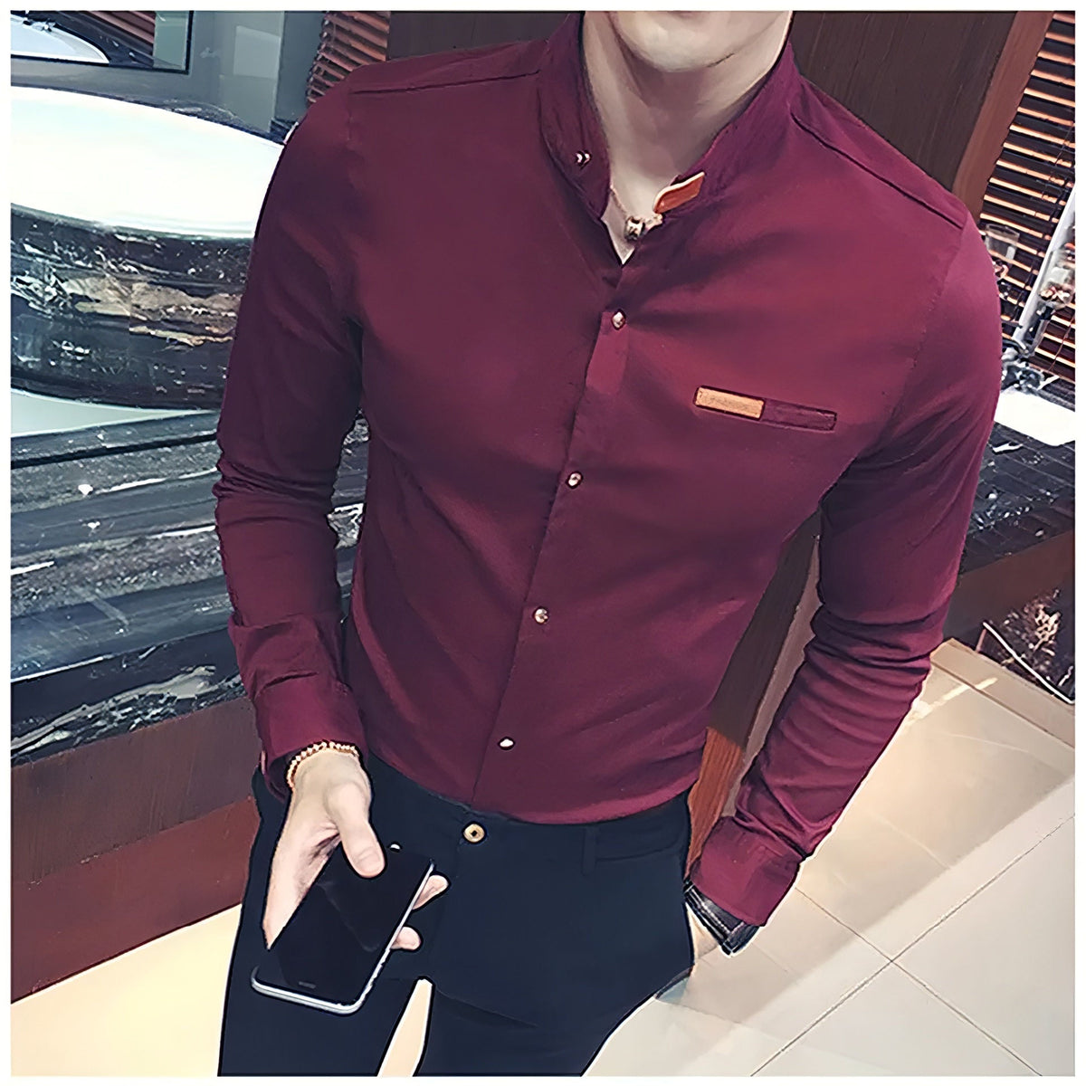 Men's maroon mandarin-collar shirt