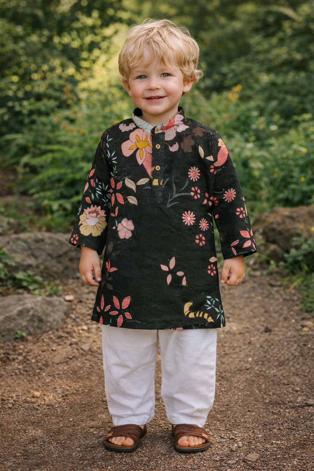 Boys black floral kurta pajama set used in a black versus ivory kids’ kurta colour guide