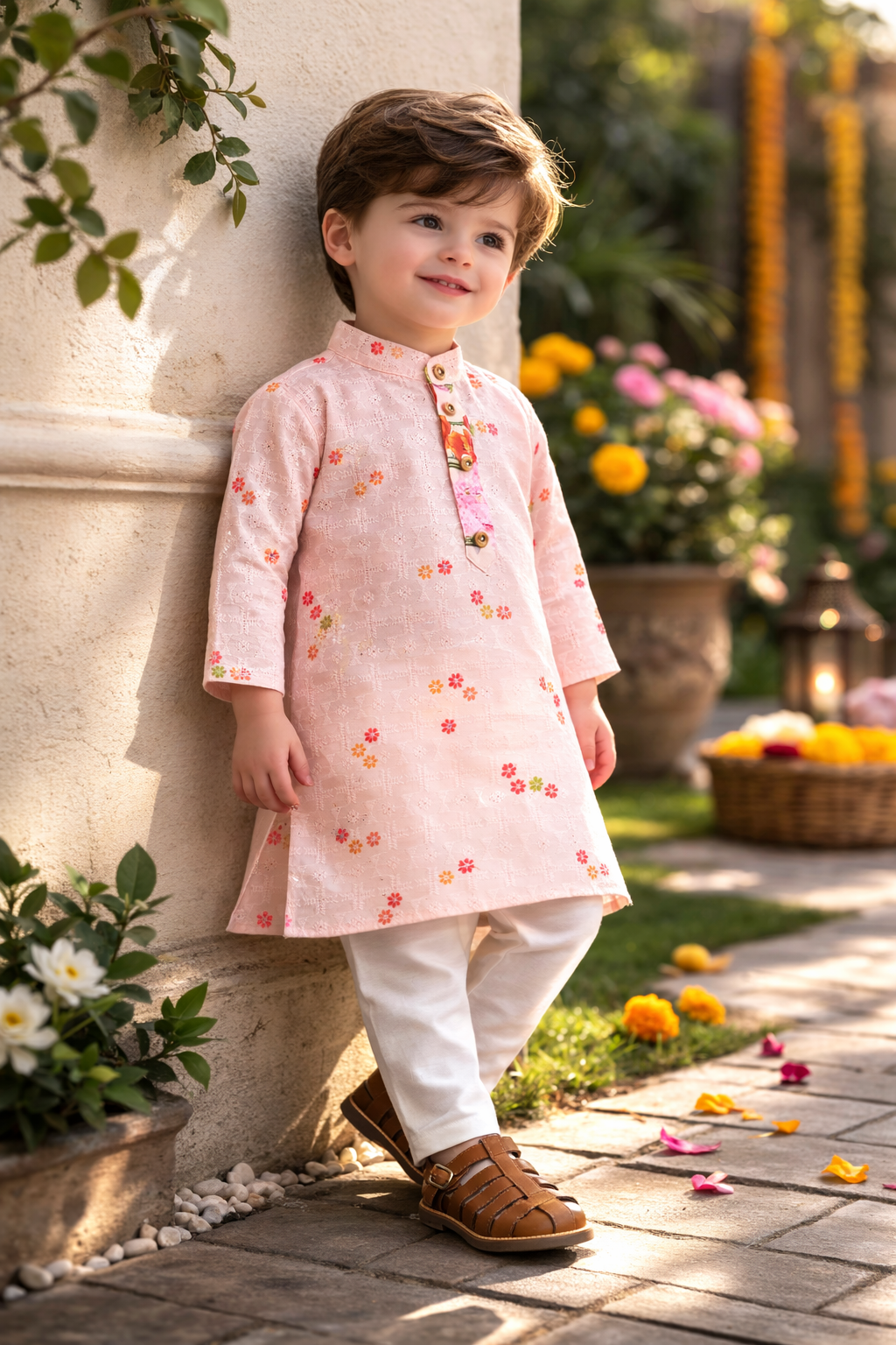 Boys peach floral kurta pajama set shown full length for a kids’ ethnic footwear guide
