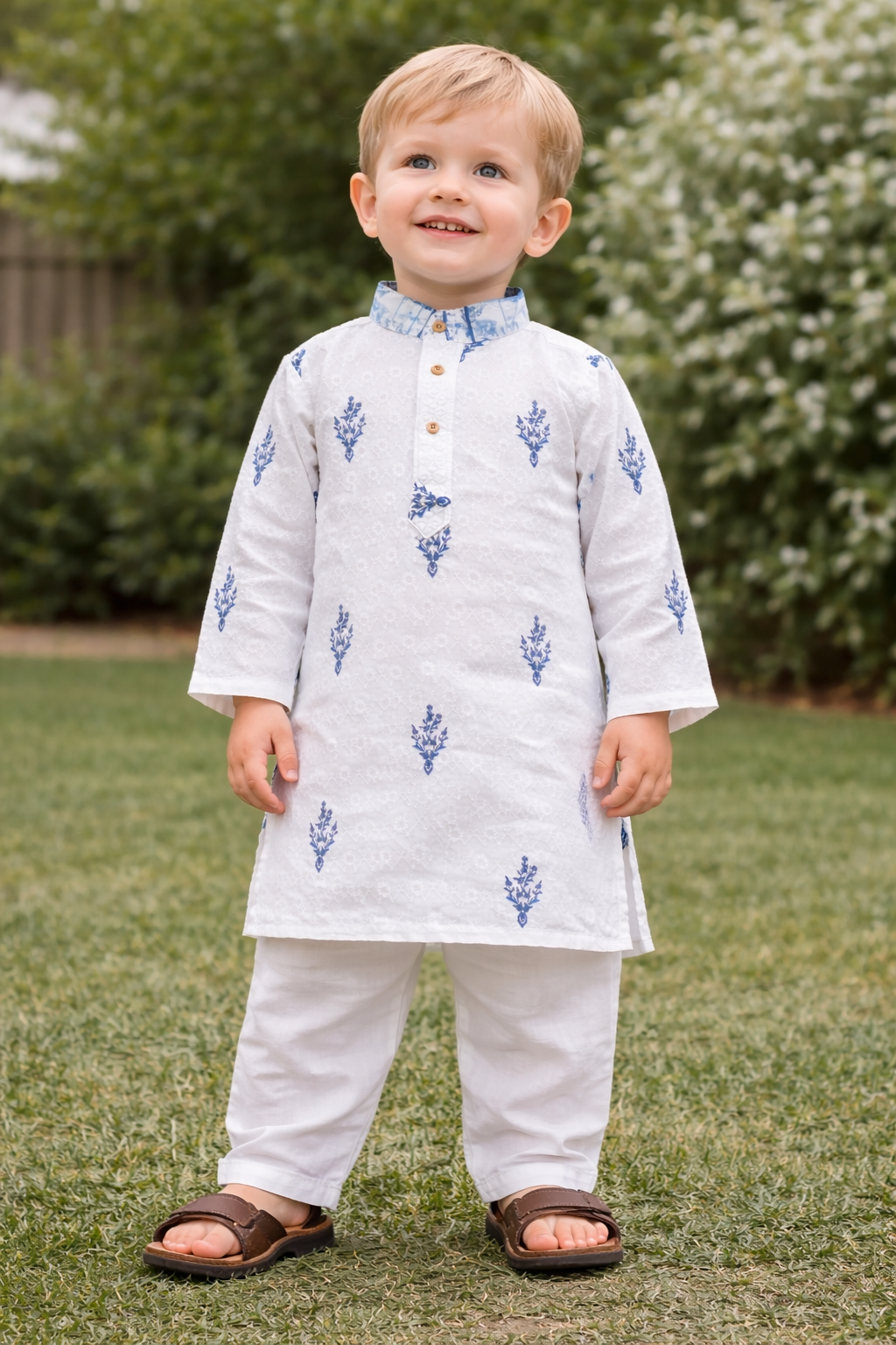 Boys white and blue kurta pajama set shown full length for a children’s festive photo pose guide