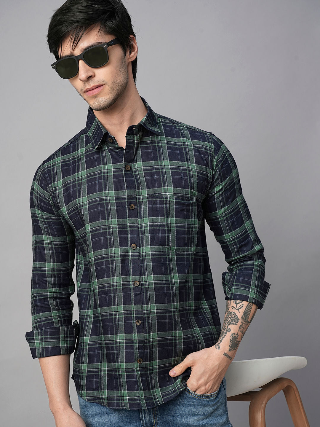 Mason multicolour checked men’s shirt showing check scale across collar, chest and sleeves