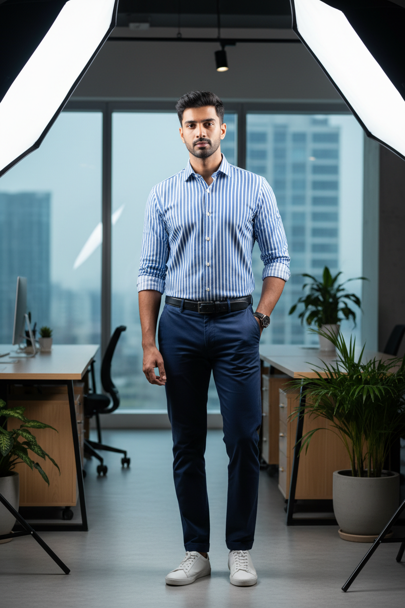 Man wearing a blue and white vertical striped shirt