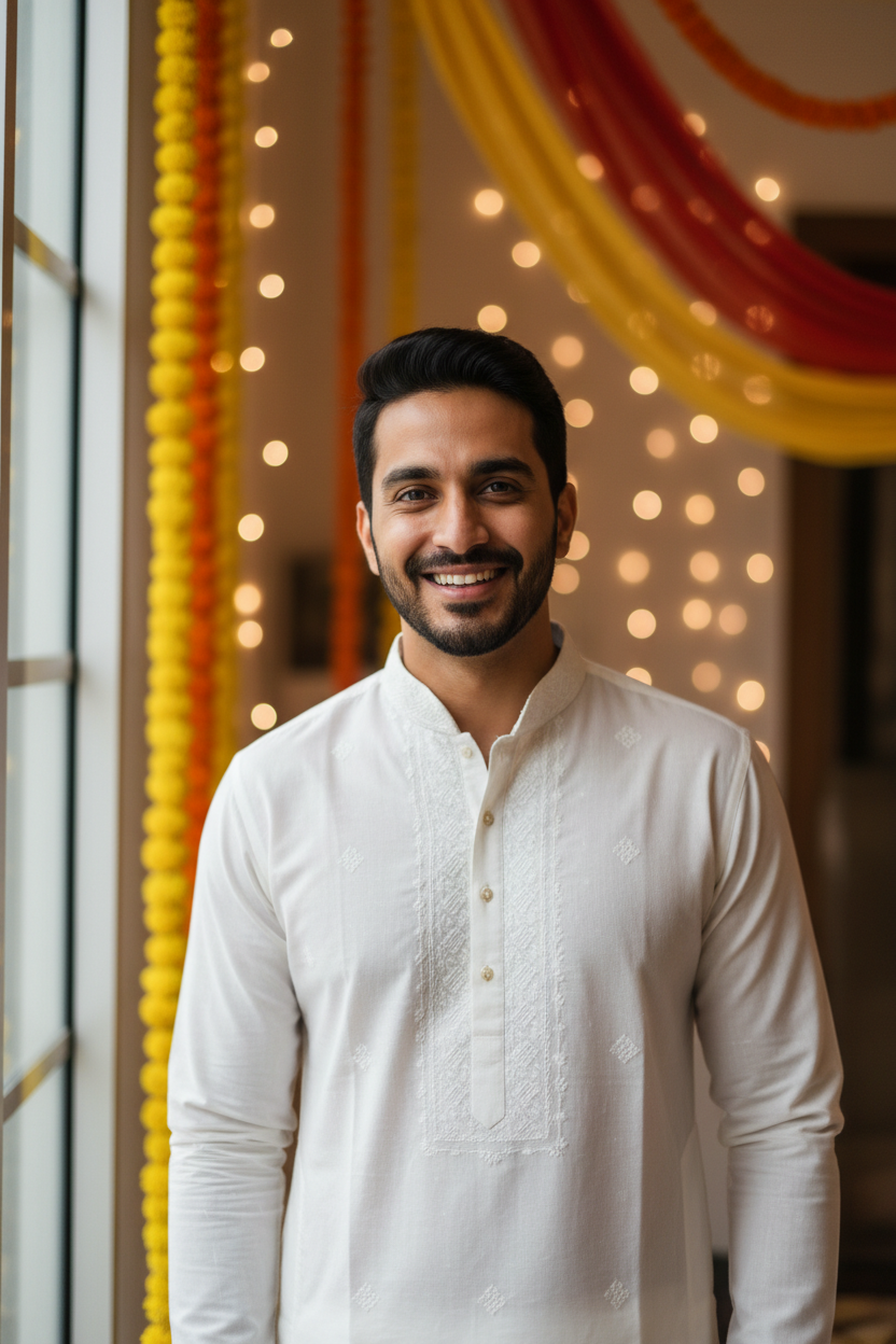 Man wearing a white kurta with subtle embroidery