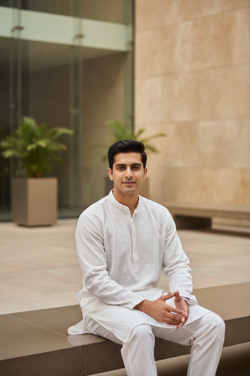A handsome young Indian man wearing a comfortable white cotton kurta, sitting casually in a modern urban setting