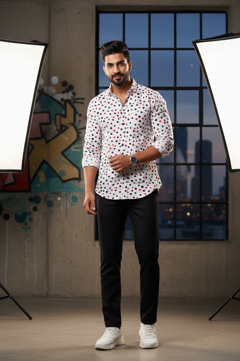 Man wearing a white polka dot shirt with black and red dots