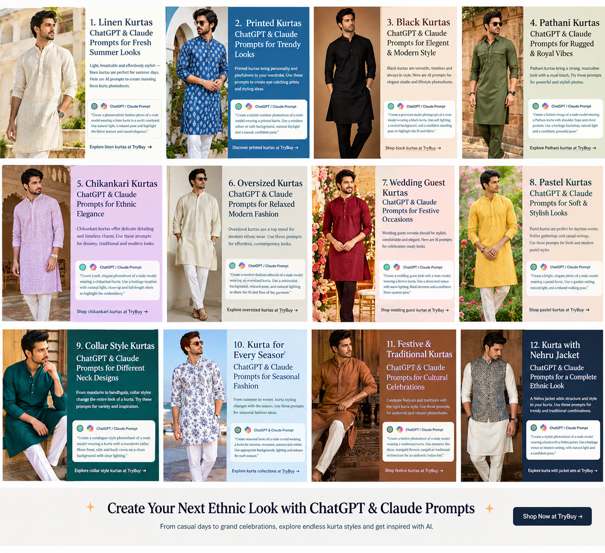 Men's kurta fashion collage with ChatGPT and Claude prompt ideas — 15 ChatGPT and Claude Prompts for Black, Printed, Pathani and Chikankari Kurtas