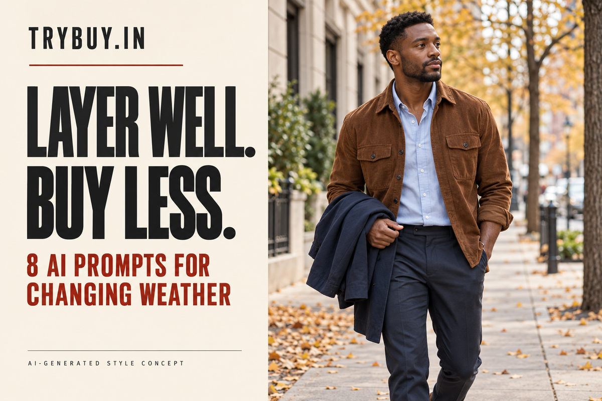 IA-generated cover reading “LAYER WELL. BUY LESS.”: a man wears a brown overshirt over a blue shirt and carries a navy jacket.