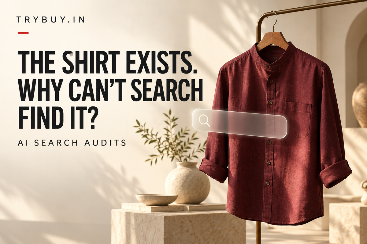 AI-generated maroon shirt editorial cover with the headline The शर्ट Exists. Why Can't Search Find It?