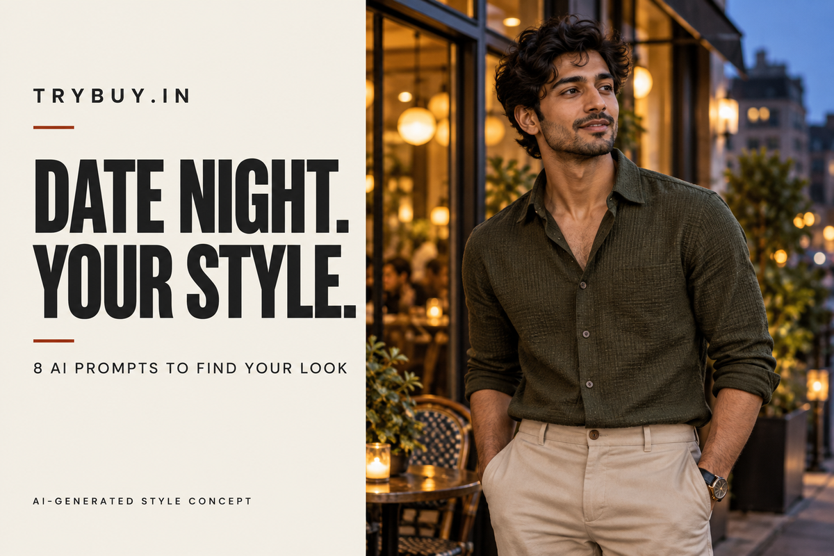 AI-generated cover reading “DATE NIGHT. YOUR STYLE.”: a man in an olive shirt and beige trousers outside a cafe.
