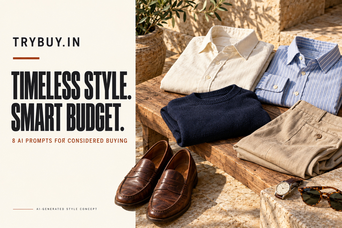 AI-generated cover reading “TIMELESS STYLE. SMART BUDGET.” beside folded shirts, navy knitwear, beige trousers and brown shoes.