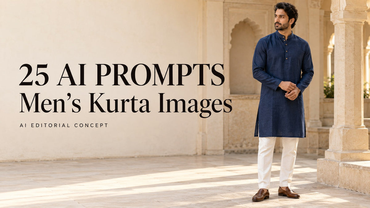 25 AI prompts for men's kurta images, readable title beside an adult man in an indigo kurta; AI-generated editorial concept