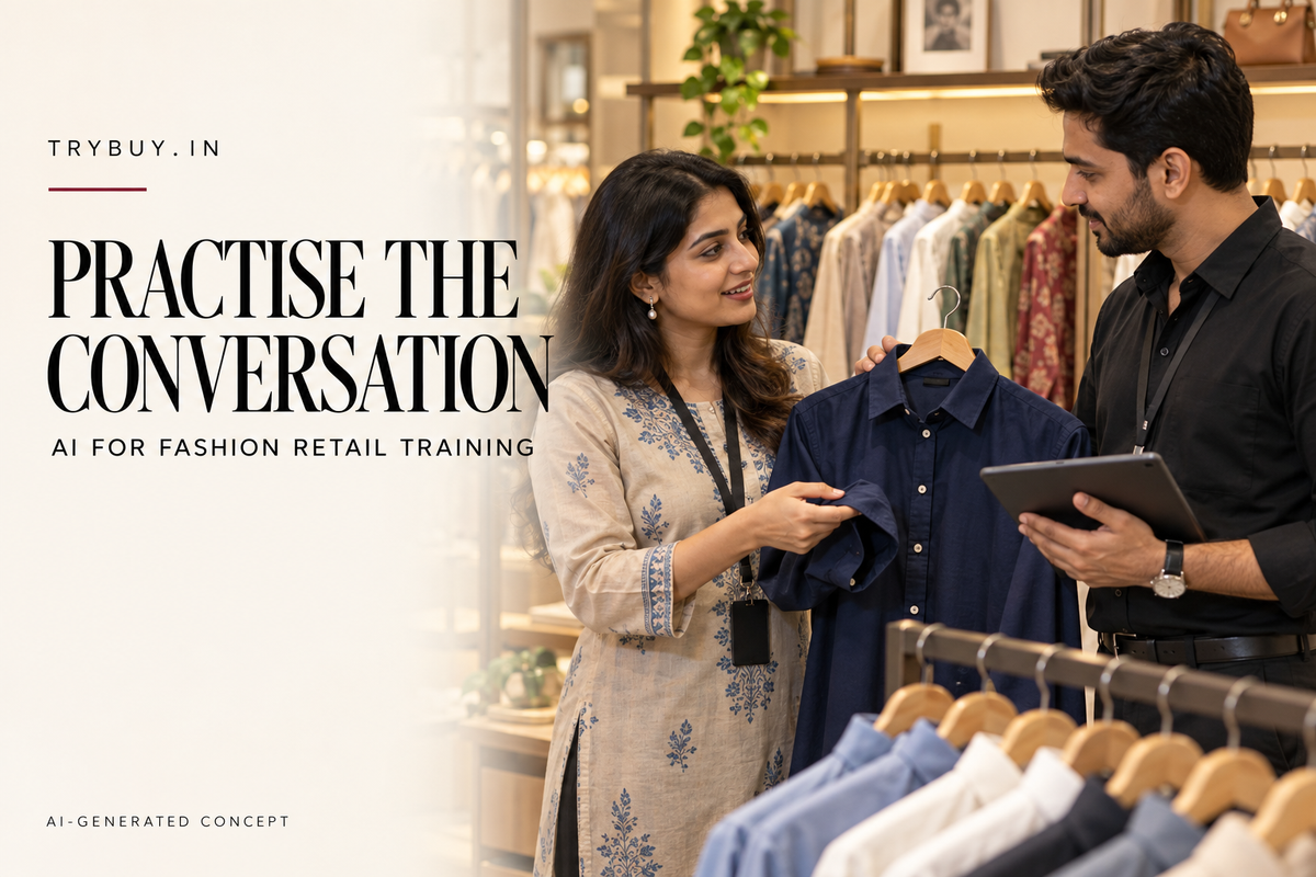 KI-generated retail colleagues discussing a navy shirt; text: Practise the Conversation.