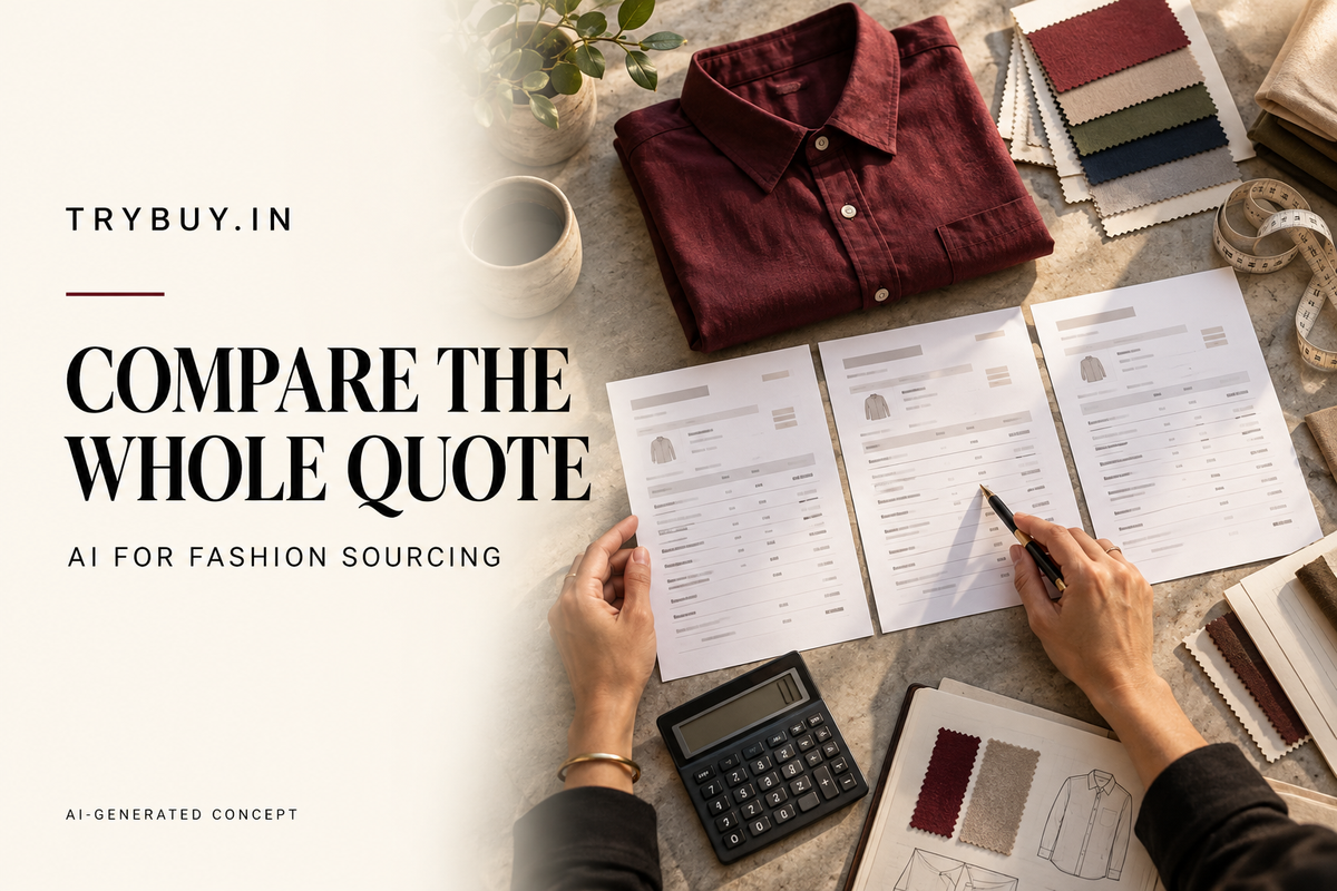 IA-generated editorial cover: COMPARE THE WHOLE QUOTE. IA FOR FASHION SOURCING.